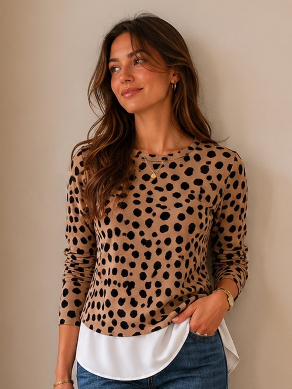 Ann Taylor Taupe Leopard-Print Sweater with Black Spots